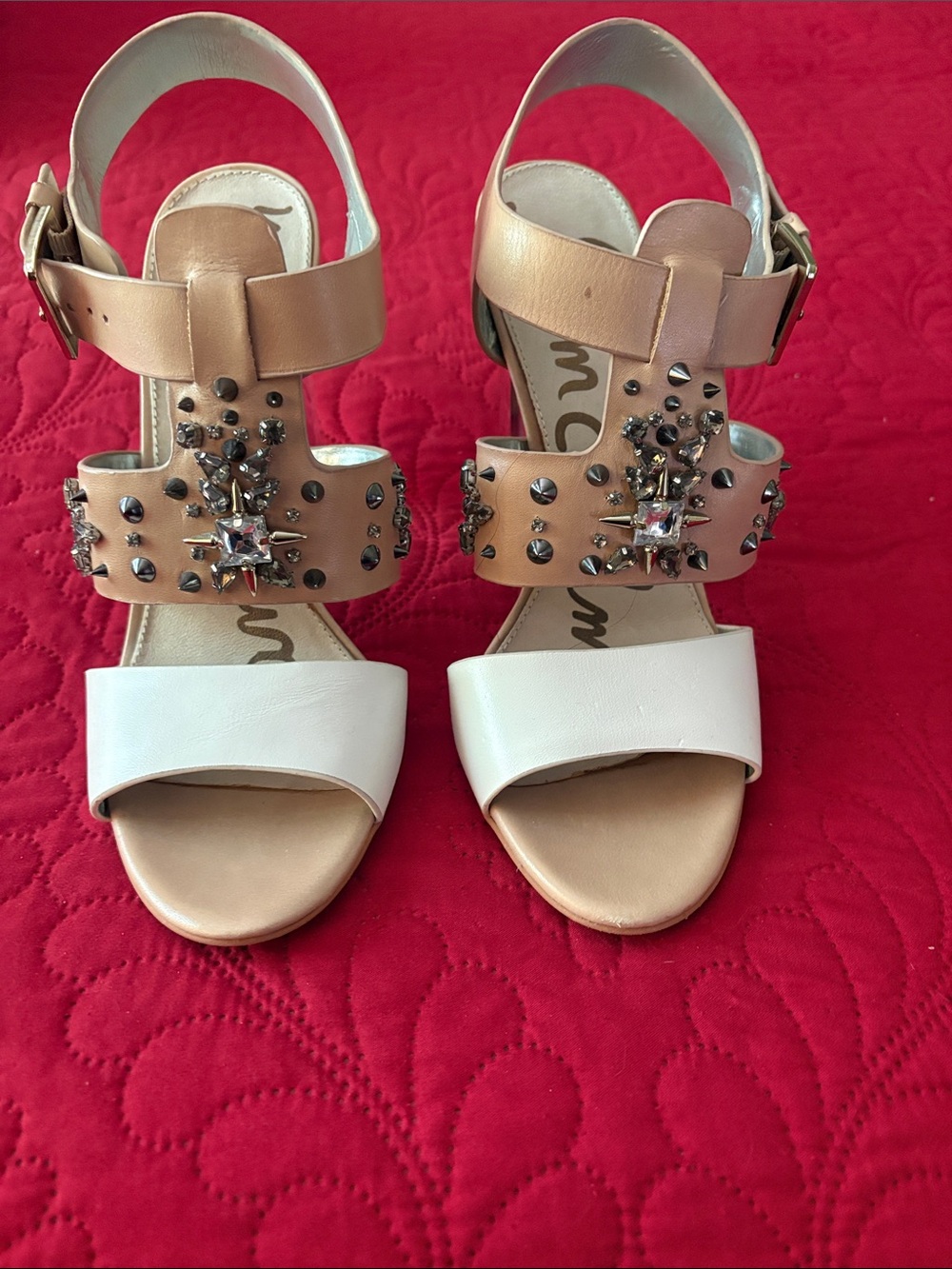 Sam Edelman Nude & White Jeweled Block Heel Sandals